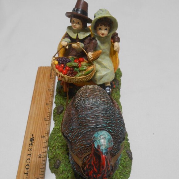 VTG RESIN FALL DECOR TURKEY PULLING PILGRIM CHILDREN IN PUMPKIN CARRIAGE 9"X51/4 - Picture 3 of 9